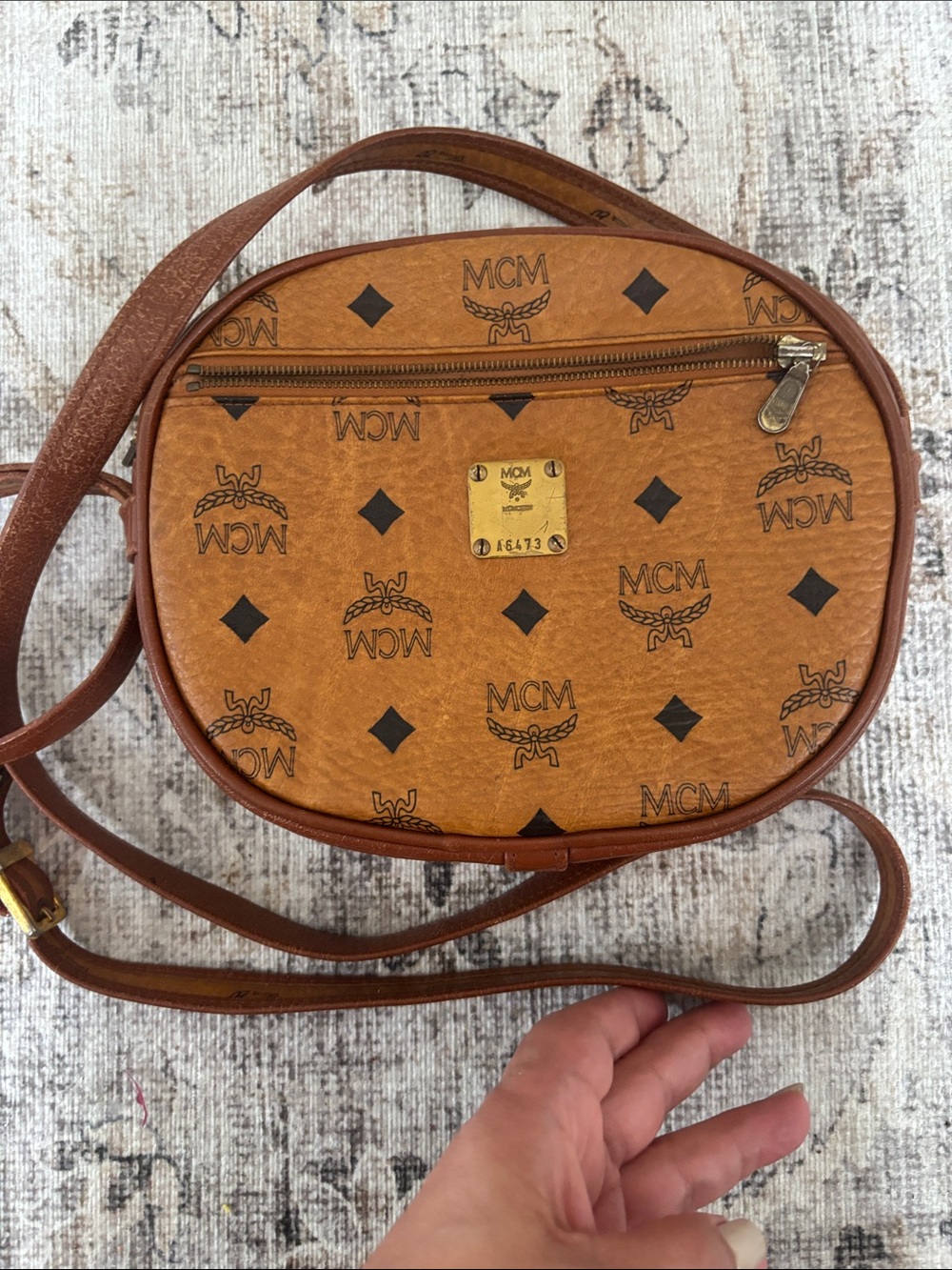 MCM Cognac Visetos Logo Oval Crossbody